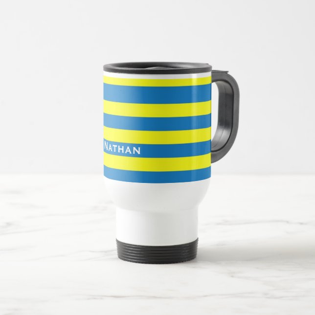 Mug De Voyage Bright Yellow and Blue Stripes Personnalisé (Devant droit)
