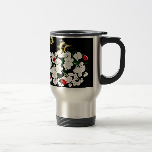 Mug De Voyage Bureaux d'abeilles dramatiques et fleurs blanches  (Droit)