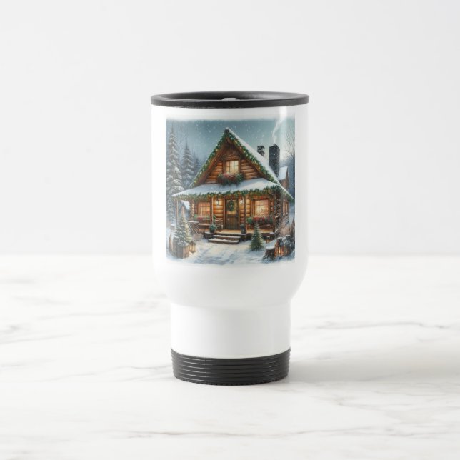 Mug De Voyage Cabane enneigée de Noël/hiver rustique (Centre)