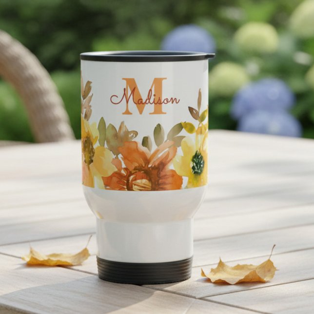 Mug De Voyage Cadeau de monogramme floral orange Nom (Créateur téléchargé)