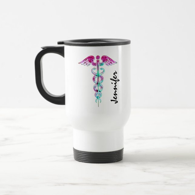 Mug De Voyage Caducée personnalisé Teal rose Médicale (Gauche)