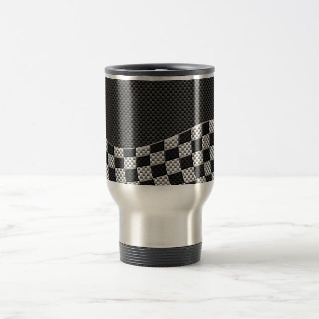 Mug De Voyage Carbone Fiber Style Racing Drapeau Checkers Vague  (Centre)