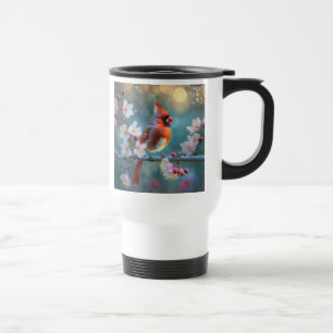 Mug De Voyage Cardinal masculin en fleurs de cerisiers au clair