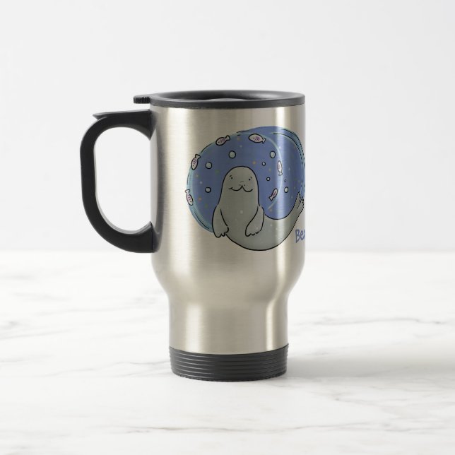 Mug De Voyage Caricature joyeux de phoque et de poisson bleu (Gauche)