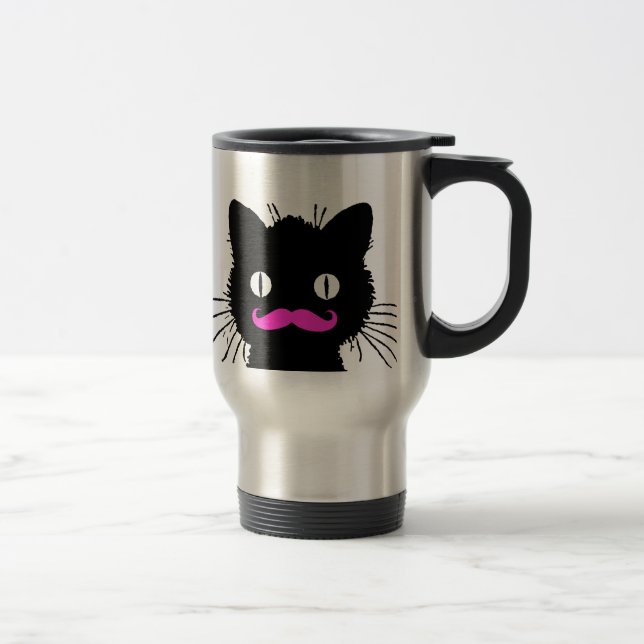 MUG DE VOYAGE CAT NOIR DE MOUSTACHE ROSE DRÔLE (Droit)