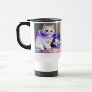 Mug De Voyage Chat blanc avec collier de fleurs violettes