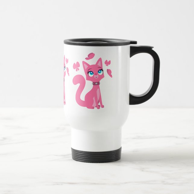 Mug De Voyage Chat en caricature rose mignon et papillons (Droite)