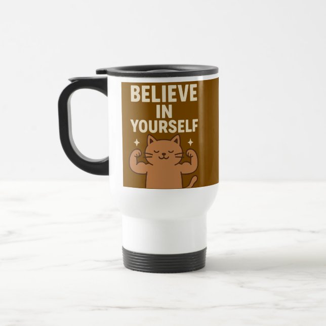 Mug De Voyage Chat Flexing Motivationnel - "Croyez en vous-même" (Gauche)