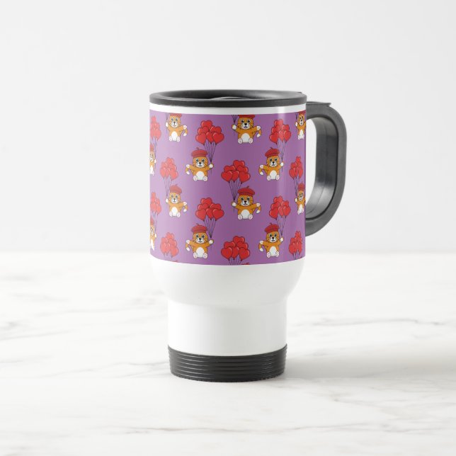 Mug De Voyage Chat mignon avec Ballons de Coeur Rouge (Devant droit)