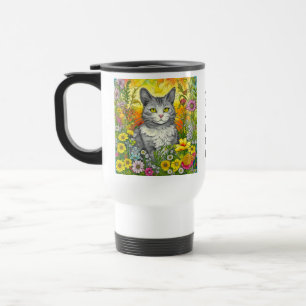 Mug De Voyage Chat Whimsical Personnalisé et Fleurs