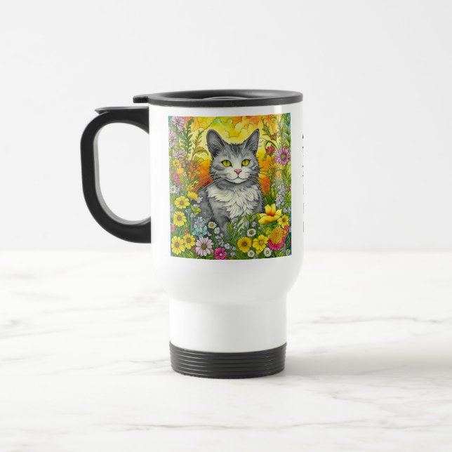 Mug De Voyage Chat Whimsical Personnalisé et Fleurs (Gauche)