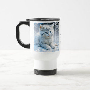 Mug De Voyage Chaton blanc Fluffy personnalisé en neige