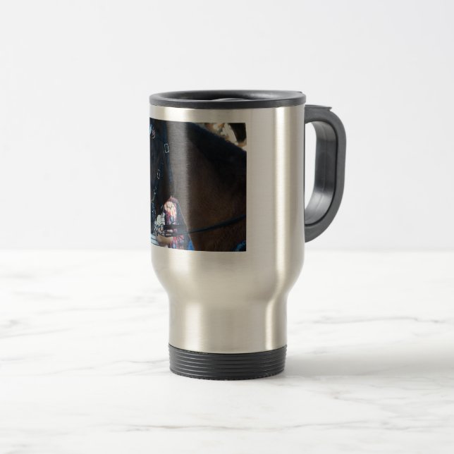 Mug De Voyage Cheval arabe Brown foncé portant des lunettes (Devant droit)