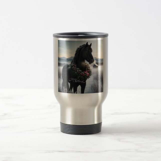 Mug De Voyage Cheval noir dans la neige avec couronne de Noël (Centre)