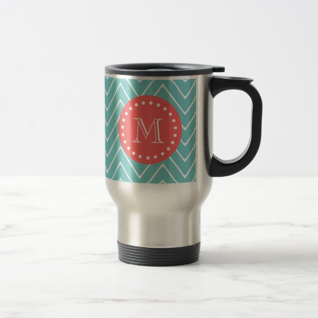 Mug De Voyage Chevron turquoise et corail avec Monogramme person (Droit)