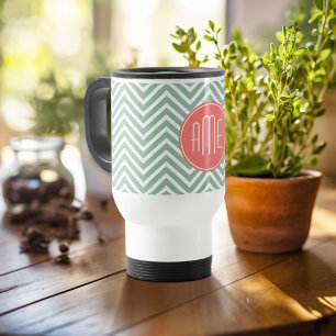 Mug De Voyage Chevrons à la menthe et au corail Monogramme perso