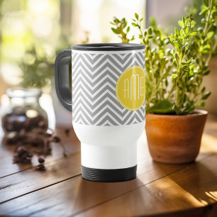Mug De Voyage Chevrons gris et jaune Monogramme personnalisé
