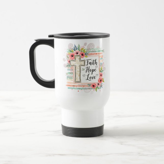Mug De Voyage Chic usé floral Foi Espoir Amour (Gauche)