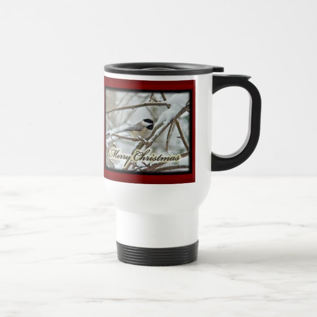 Mug De Voyage Chickadee noir de Noël en neige (Droite)