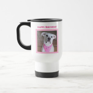 Mug De Voyage Chien joyeux aux yeux âpres, rose d'anniversaire
