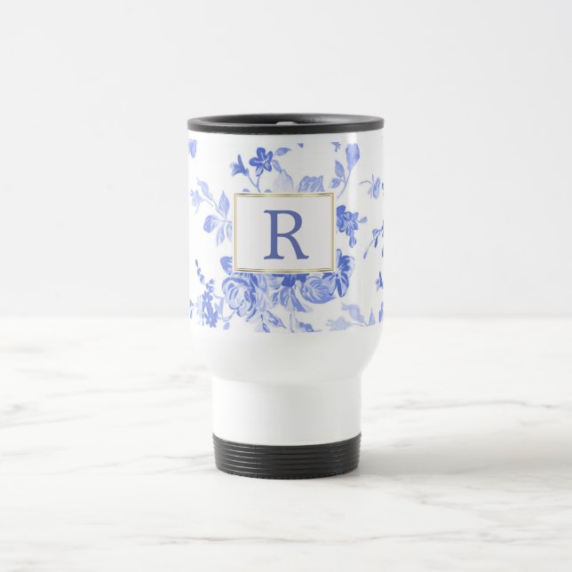 Mug De Voyage chine de fleurs bleues blanc initial côté personna (Centre)