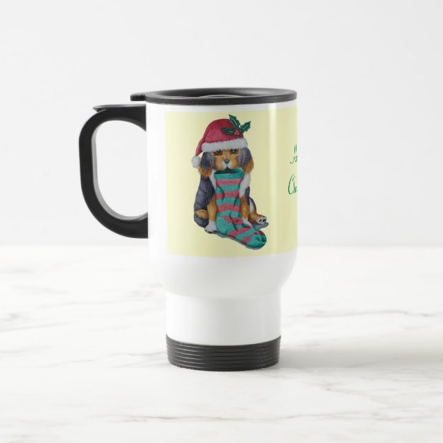 Mug De Voyage chiot noir et brun mignon vêtu pour noël (Gauche)