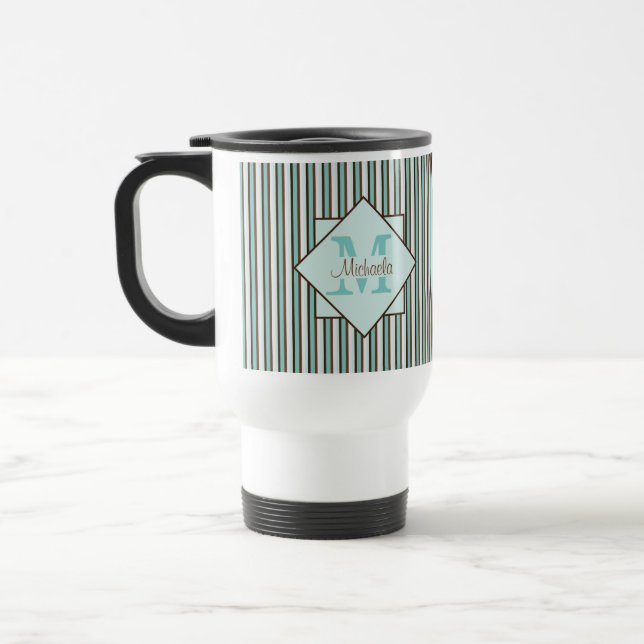 Mug De Voyage Chocolat Brown et pinte vert rayures Monogramme (Gauche)