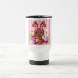Mug De Voyage Chocolat mignon lapin de Pâques avec rayures roses