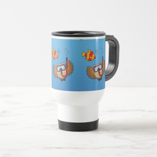 Mug De Voyage Chouette avec masque tuba et poisson tropical (Devant droit)