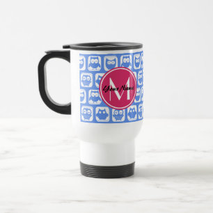 Mug De Voyage Chouette bleue Motif rose Personnalisé Monogramme