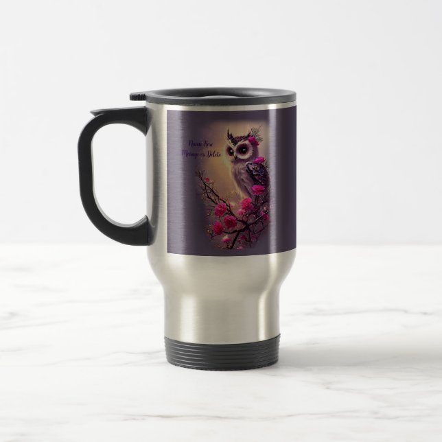 Mug De Voyage Chouette pourpre et fleurs roses (Gauche)