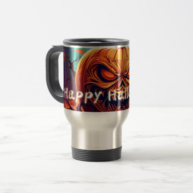 Mug De Voyage Citrouille orange effrayante avec visage, Hallowee (Devant gauche)