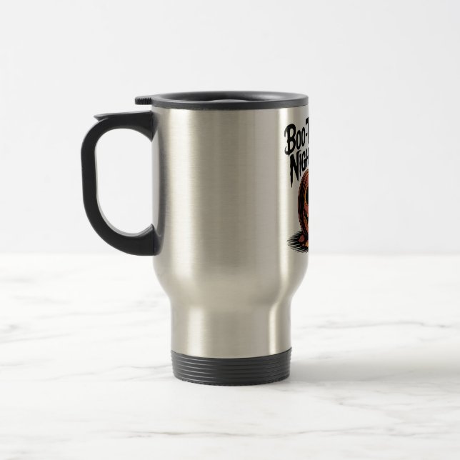 Mug De Voyage Citrouille souriant avec feuilles d'automne design (Gauche)
