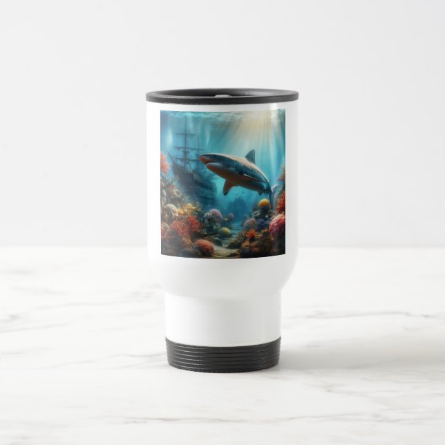 Mug De Voyage Coastal/nautical tiger shark & coral reef (Centre)