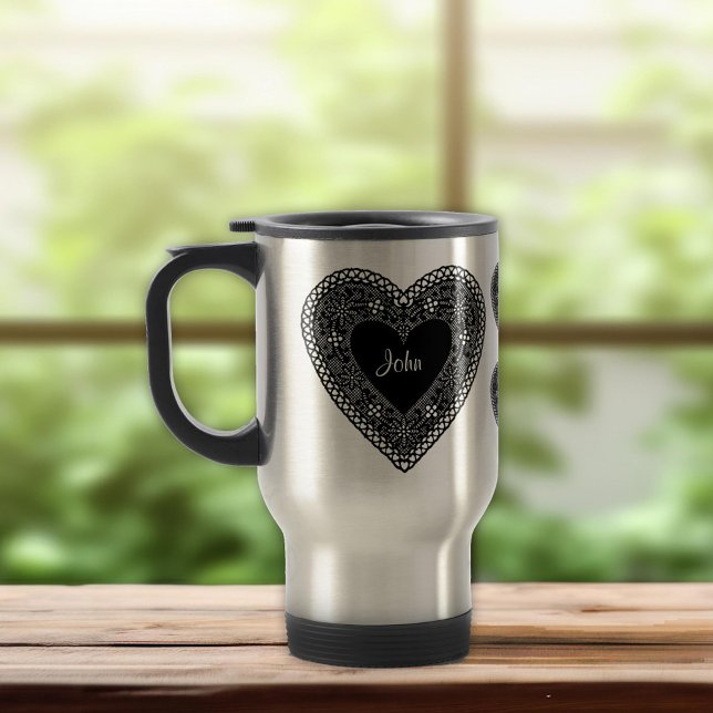 Mug De Voyage Coeur de dentelle vintage (Valentine Lace Heart Travel Mug. Show your big beautiful heart!)