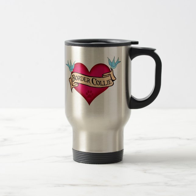 Mug De Voyage Coeur de tatouage de border collie (Droit)