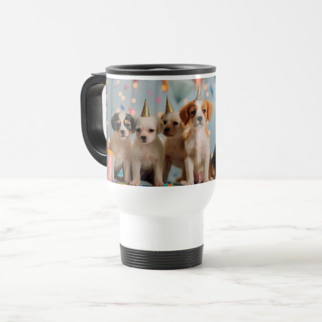 Mug De Voyage Conception de célébration d'anniversaire de chiots (Devant gauche)