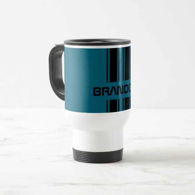 Mug De Voyage Cool personnalisé Turquoise bleu noir course autom (Devant gauche)