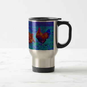 Mug De Voyage Coq d'arc-en-ciel et poules, bleu électrique
