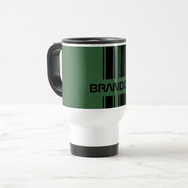 Mug De Voyage Coutume Vert foncé noir course automobile Stripes  (Devant gauche)