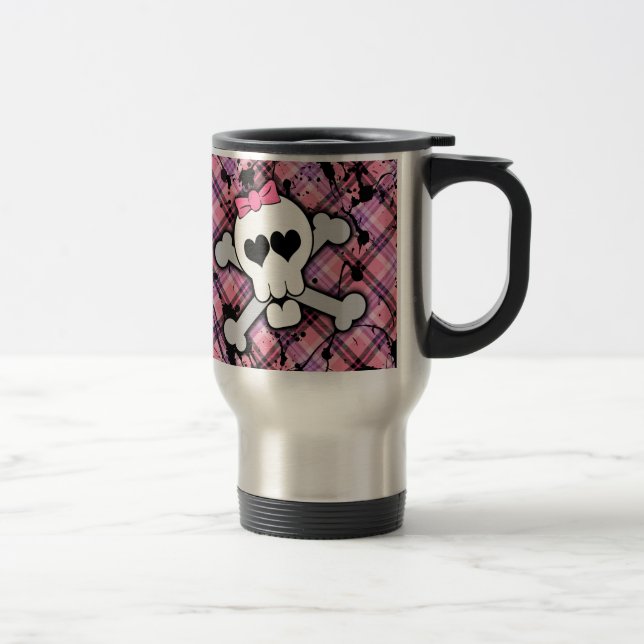 Mug De Voyage Crâne rose et os croisés avec les coeurs et l'arc (Droit)