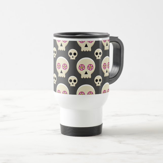 Mug De Voyage Creepy Cute Kawaii Goth Skull with Flowers (Devant droit)