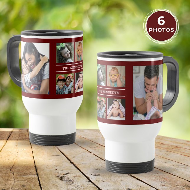 Mug De Voyage Créez votre propre 6 photo Collage famille Maroon (Create Your Own 6 Photo Collage Family Maroon Travel Mug)