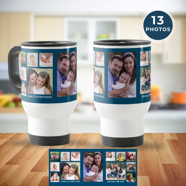 Mug De Voyage Créez votre propre collection de photos de famille (Create Your Own 13 Family Photo Collage Ocean Blue Travel Mug
)