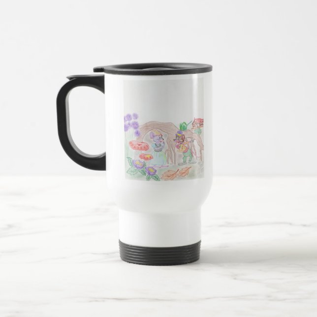 Mug De Voyage Custom Kids Artwork, deux mignonnes souris, fleurs (Gauche)