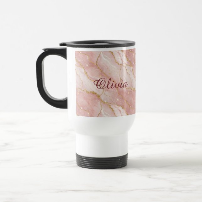 Mug De Voyage Custom Modern Rose Quartz Marble Gold Glitter (Gauche)