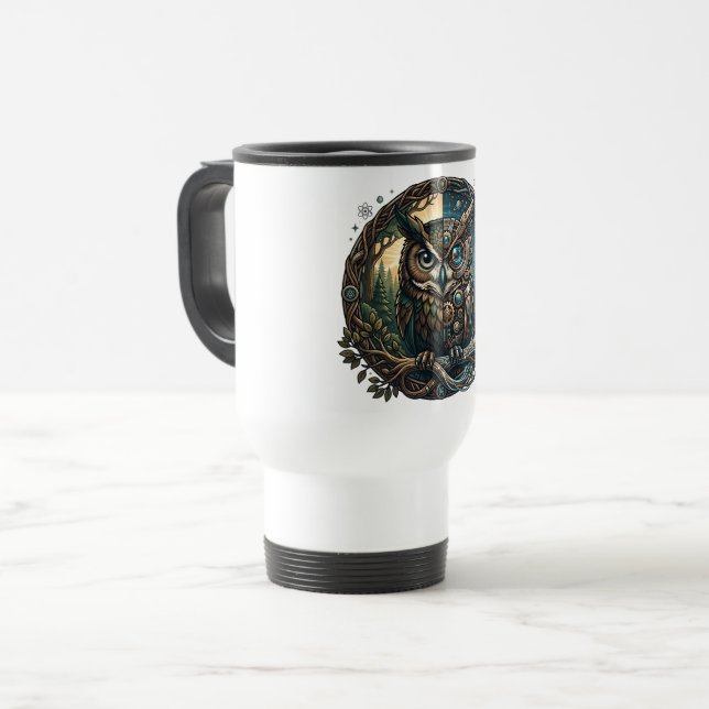 Mug De Voyage Cybernetic Owl Nature vs Technology Steampunk (Devant gauche)