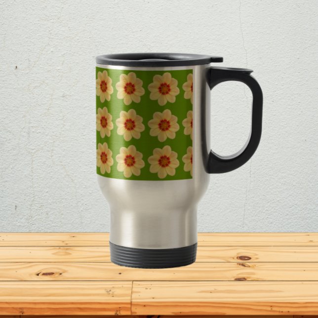 Mug De Voyage Dahlia jaune motif floral sur vert (In Situ)