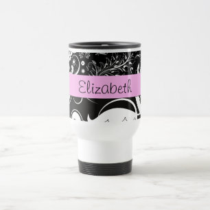 Mug De Voyage Damas, Fleurs, Noir et Blanc, Votre nom