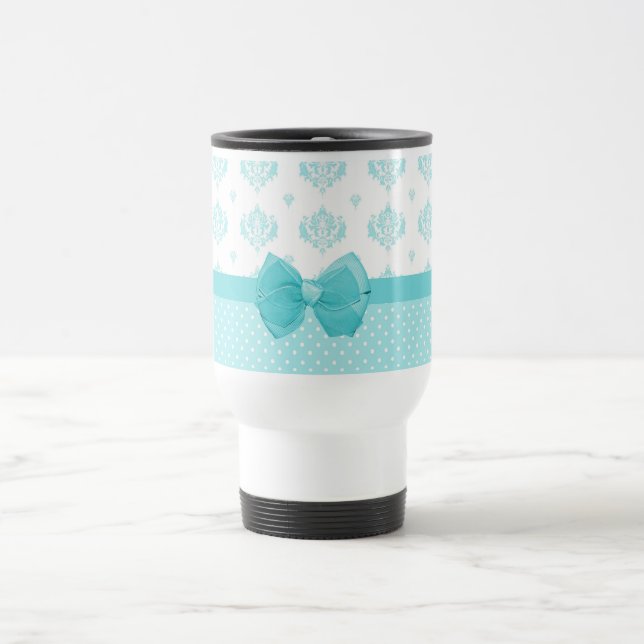Mug De Voyage Damassé bleue d'Aqua avec le ruban de turquoise (Centre)